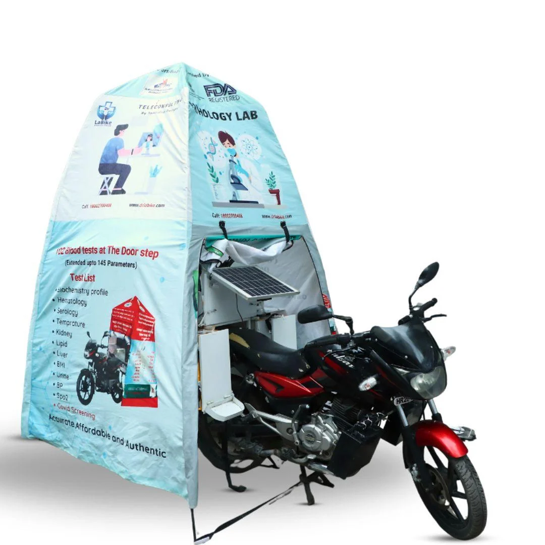 The DrLaBike clinic on a bike, with portable diagnostic equipment